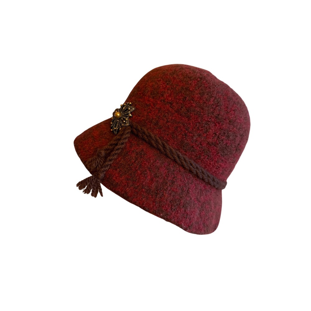 Cloche Hat Burgundy Wool Blend Vintage Style Brooch Rope Accent